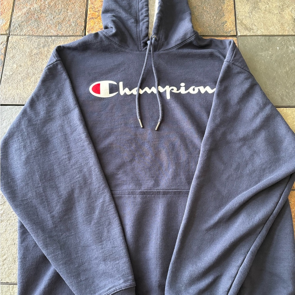 Champion Navy Blue Logo Hoodie with Red Accent